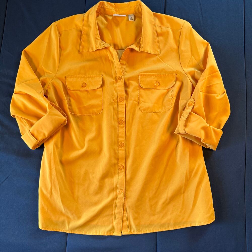 Kim Rogers Petite Yellow Button Front Utility Blouse PL Roll Tab Sleeve